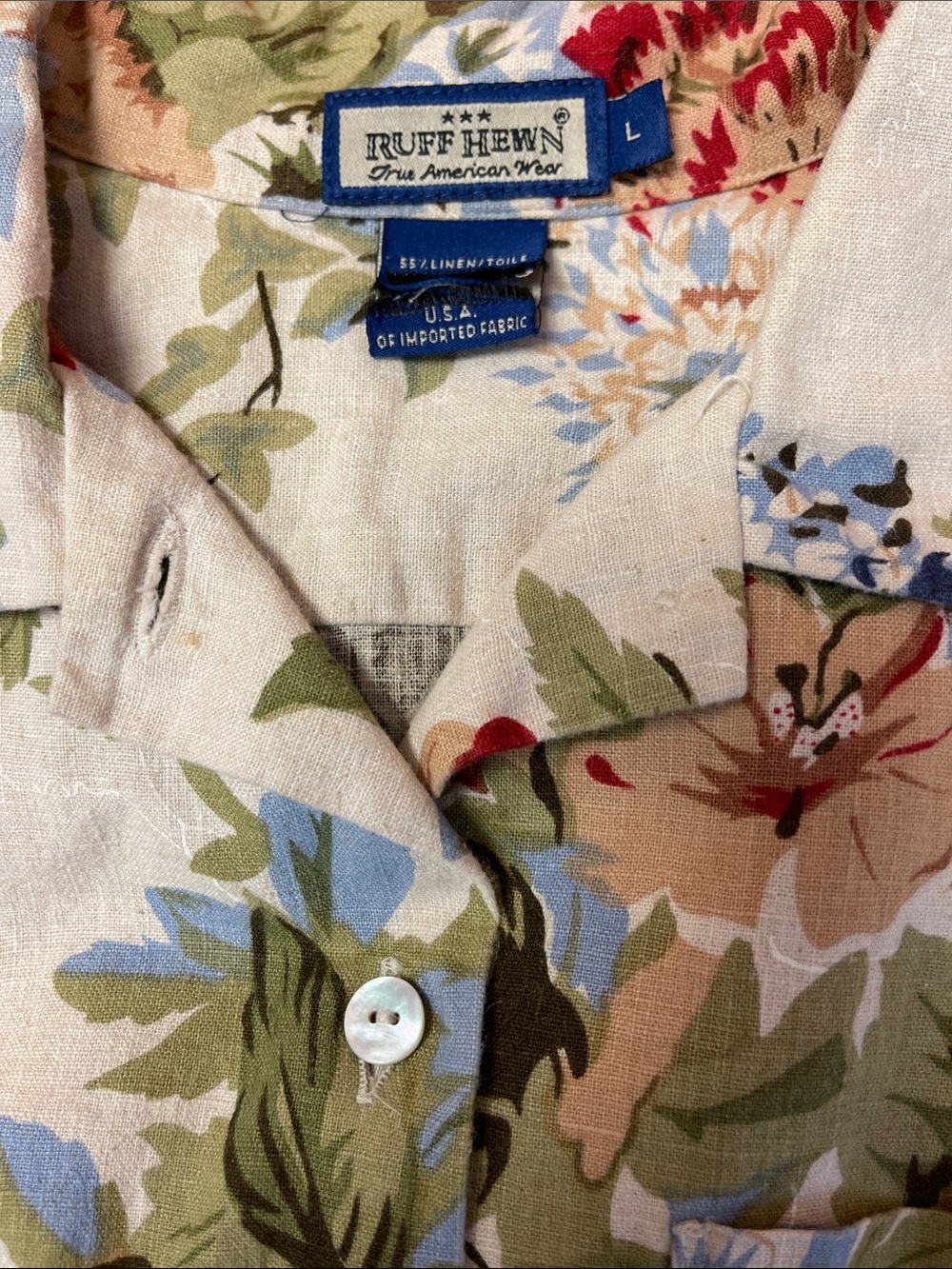 Ruff Hewn Beige Floral Button-Down Shirt with Green, Blue and Red Accents